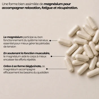 Capsules de magnésium bisglycinate Nutriforce : le magnésium contribue au fonctionnement normal du système nerveux et de la fonction musculaire