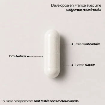 Capsule de magnésium bisglycinate Nutriforce et ses repères qualité : développée en France, testée en laboratoire, certifiée HACCP et sans métaux lourds