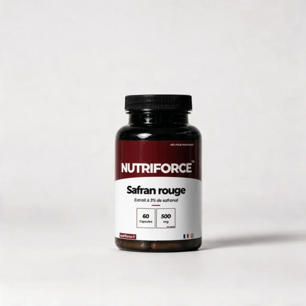 Pot d'extrait de safran rouge Nutriforce, safran complément alimentaire titré à 3 % de safranal, 60 capsules de 500 mg de Crocus sativus