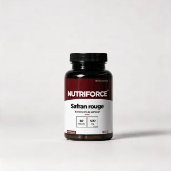 Pot d'extrait de safran rouge Nutriforce, safran complément alimentaire titré à 3 % de safranal, 60 capsules de 500 mg de Crocus sativus