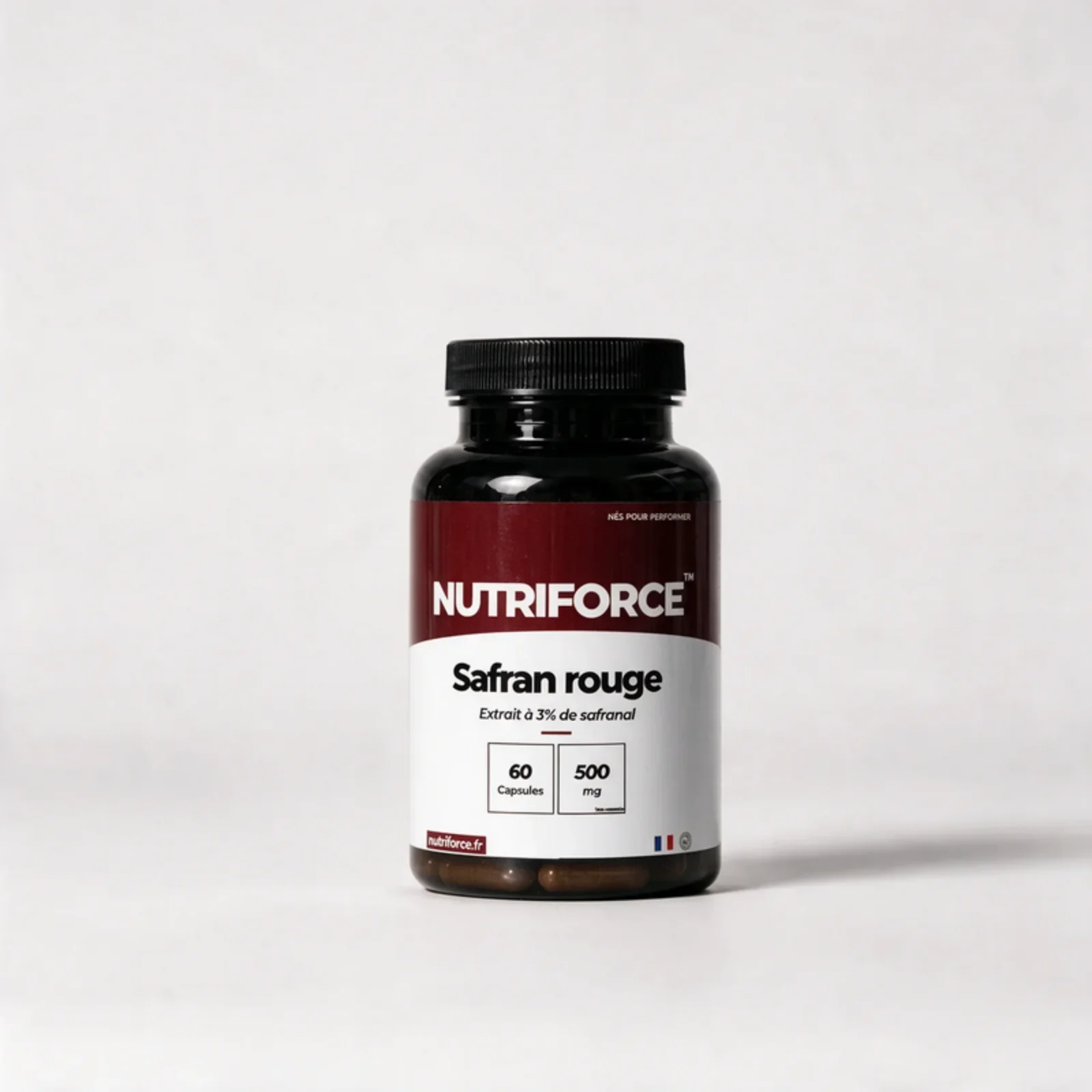 Pot d'extrait de safran rouge Nutriforce, safran complément alimentaire titré à 3 % de safranal, 60 capsules de 500 mg de Crocus sativus