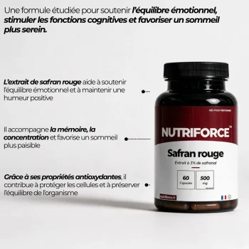 Pot de safran rouge Nutriforce et ses points clés : un extrait de Crocus sativus standardisé, 500 mg par capsule, titré à 3 % de safranal et 3 % de crocine