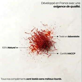 Pistils de safran rouge et repères qualité Nutriforce : développé en France, testé en laboratoire, certifié HACCP et contrôlé sans métaux lourds