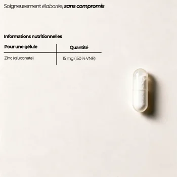 Tableau nutritionnel du zinc Nutriforce pour une gélule : 15 mg de zinc sous forme de gluconate, soit 150 % des valeurs nutritionnelles de référence