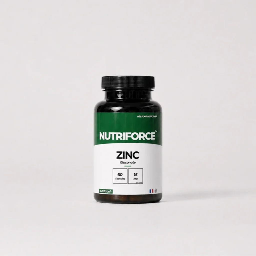 Pot de zinc Nutriforce : 60 capsules apportant chacune 15 mg de zinc sous forme de gluconate, soit 150 % des valeurs nutritionnelles de référence