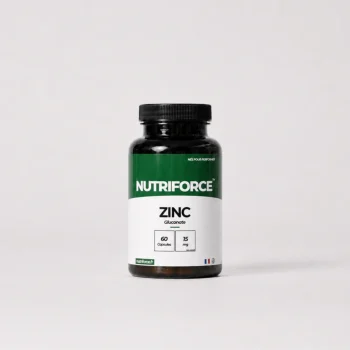 Pot de zinc Nutriforce : 60 capsules apportant chacune 15 mg de zinc sous forme de gluconate, soit 150 % des valeurs nutritionnelles de référence