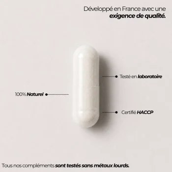 Capsule de zinc gluconate Nutriforce et ses repères qualité : développée en France, testée en laboratoire, certifiée HACCP et sans métaux lourds