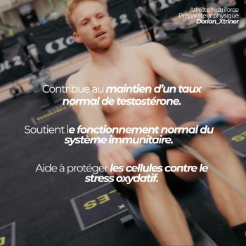 Dorian, préparateur physique et athlète Nutriforce, au rameur : le zinc contribue au maintien d'un taux normal de testostérone dans le sang