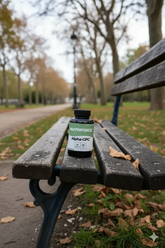 Alpha GPC en gélules sur un banc pour les bienfaits des sportifs et personne ayant des besoins cognitifs