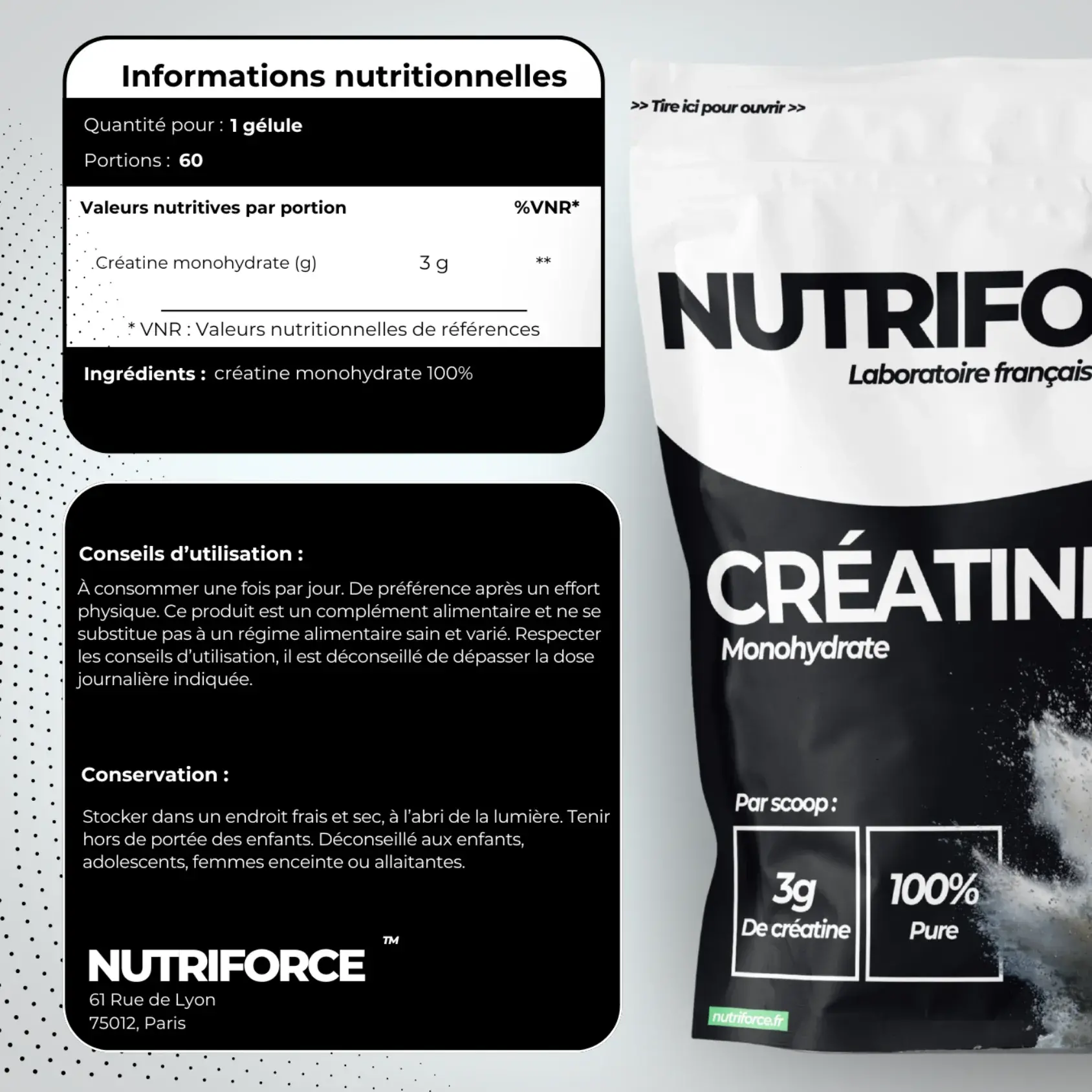 Créatine, dose, bienfaits , tracabilité, produit pur et naturel