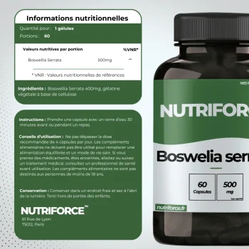 Boswellia serrata dans le pack articulation, traçabilité, valeur nutritionnelle