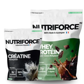 Whey chocolat et créatine dans le pack étudiant pour favoriser la musculation , prise de masse musculaire, bien-être