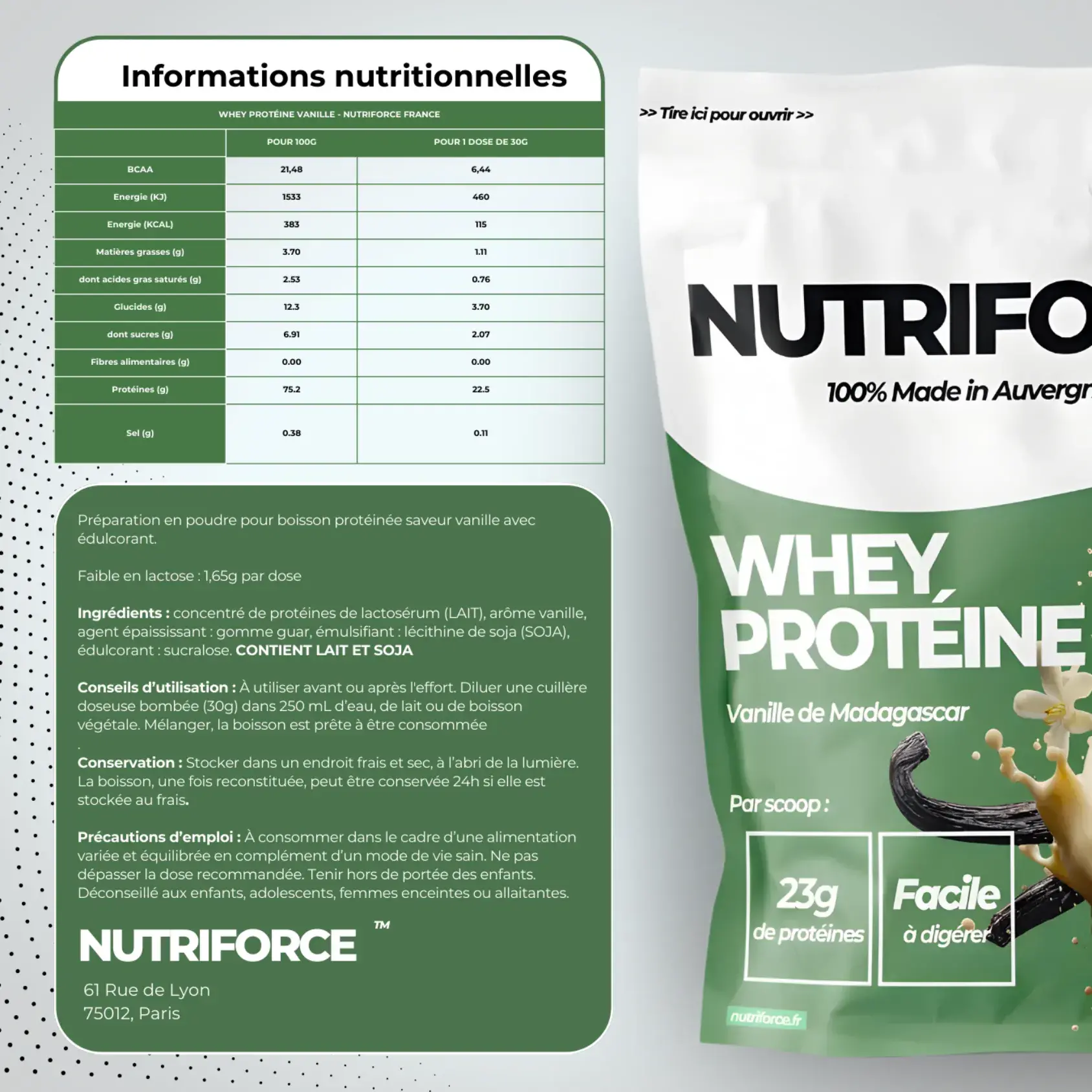 Whey vanille dans le pack étudiant, informations nutritionnelles