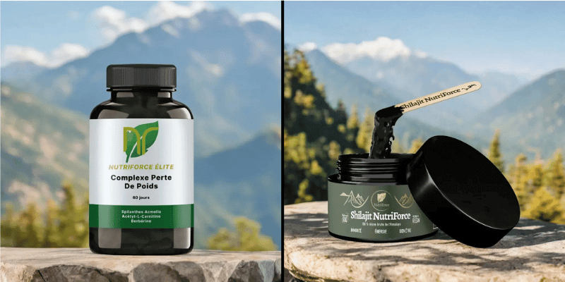 Présentation de deux compléments alimentaires pour perdre du gras, à gauche le complexe perte de poids de chez Nutriforce et à droite, le Shilajit de chez Nutriforce