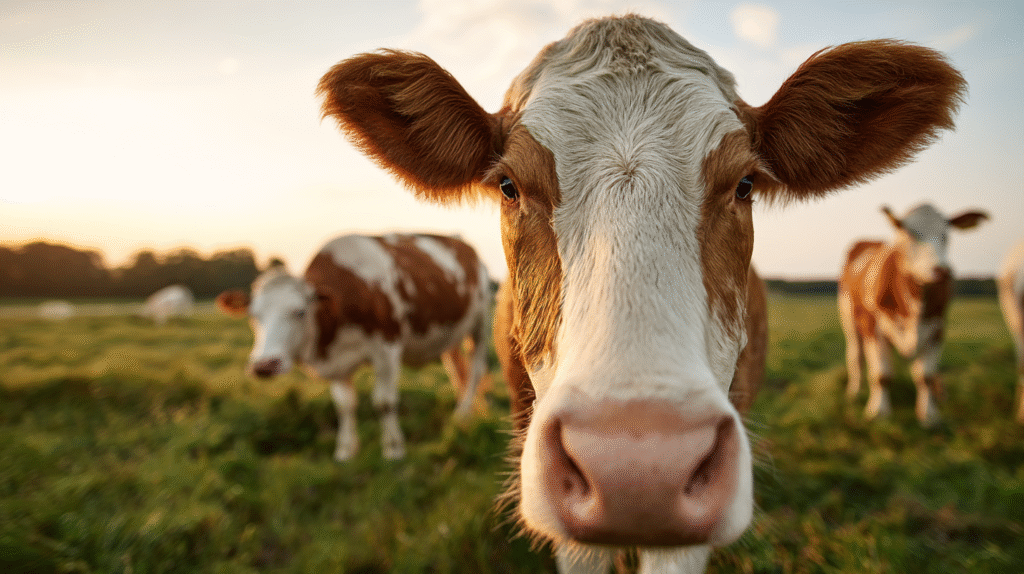 cette image montre une vache qui produit de la whey vanille