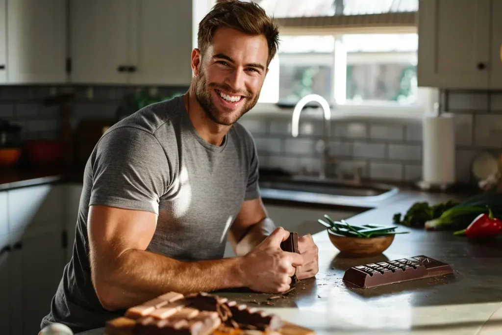 un homme se retient de manger du chocolat 