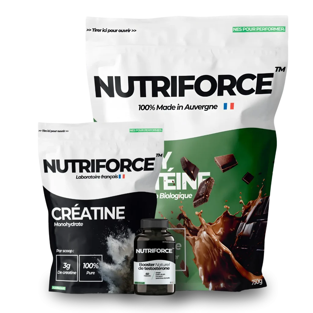 Whey chocolat, créatine, testostérone dans le pack prise de masse pour favoriser la musculation , prise de masse musculaire, bien-être