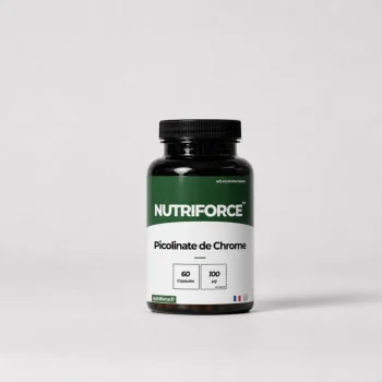 Pot de picolinate de chrome Nutriforce : 60 capsules apportant chacune 100 µg de picolinate de chrome, soit 12,5 µg de chrome élément