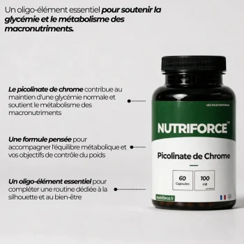 Pot de picolinate de chrome Nutriforce : le chrome contribue au métabolisme normal des macronutriments et au maintien d'une glycémie normale