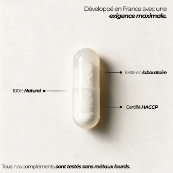 Capsule de picolinate de chrome Nutriforce et ses repères qualité : développée en France, testée en laboratoire, certifiée HACCP et sans métaux lourds