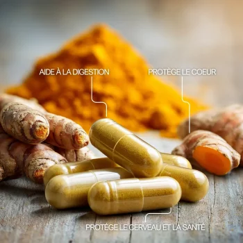 Infographie listant les bienfaits de la curcumine : santé des articulations, immunité et protection cellulaire.