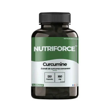 Vue de face d'un flacon de complément alimentaire à la curcumine sur fond épuré.