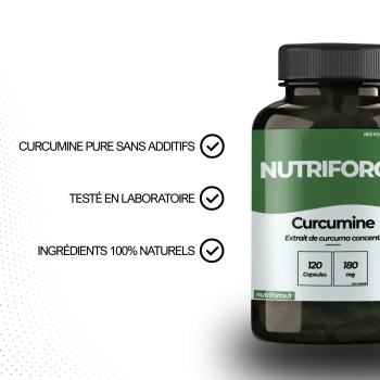 Sceau de garantie pour une curcumine pure, sans additifs et testée par un laboratoire tiers.