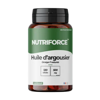 Vue de face d'un flacon de complément alimentaire à l'huile d'argousier sur fond blanc.