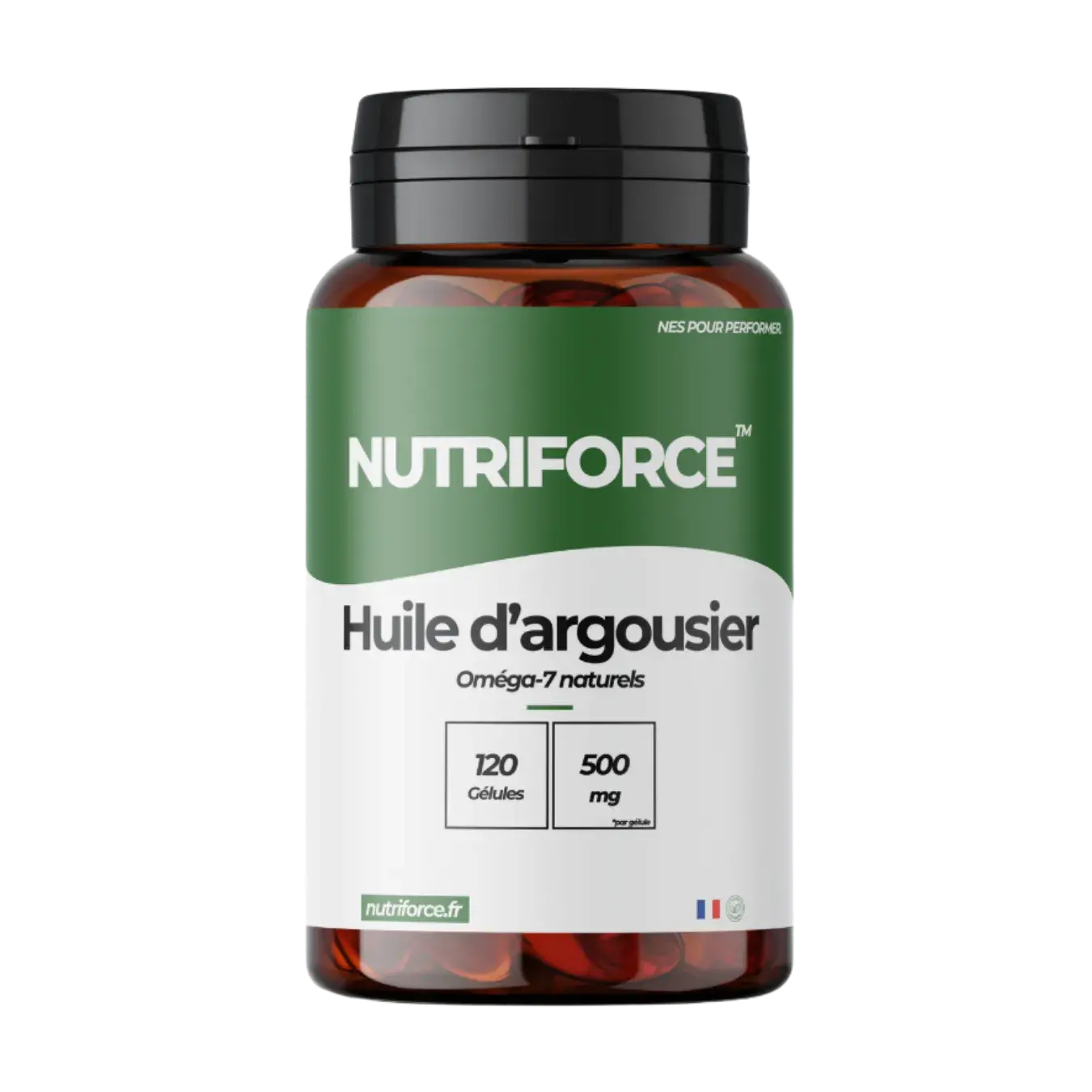 Vue de face d'un flacon de complément alimentaire à l'huile d'argousier sur fond blanc.