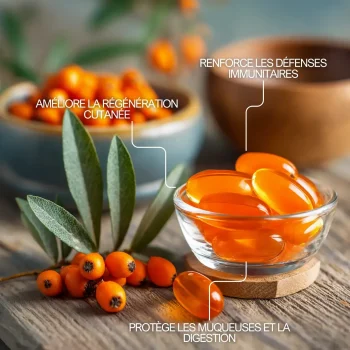 Infographie des bienfaits de l'argousier : source d'Oméga 7, protection cellulaire et anti-âge.