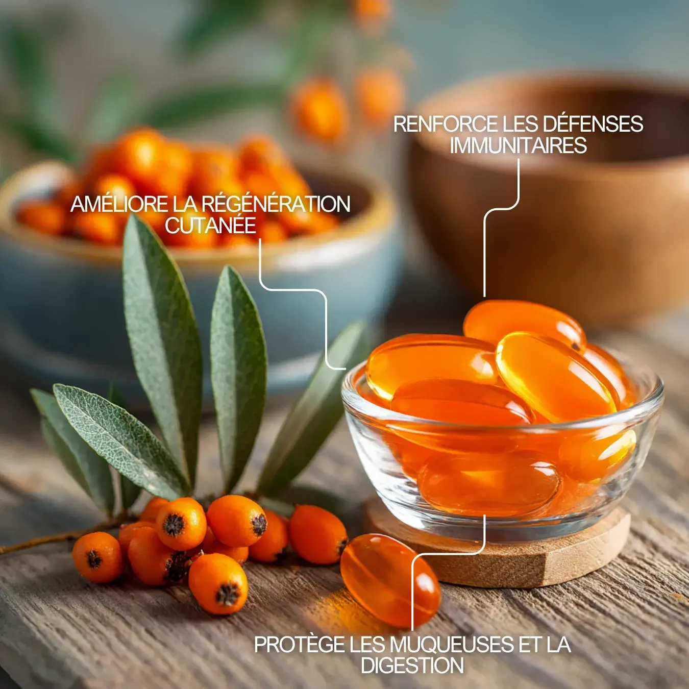 Infographie des bienfaits de l'argousier : source d'Oméga 7, protection cellulaire et anti-âge.