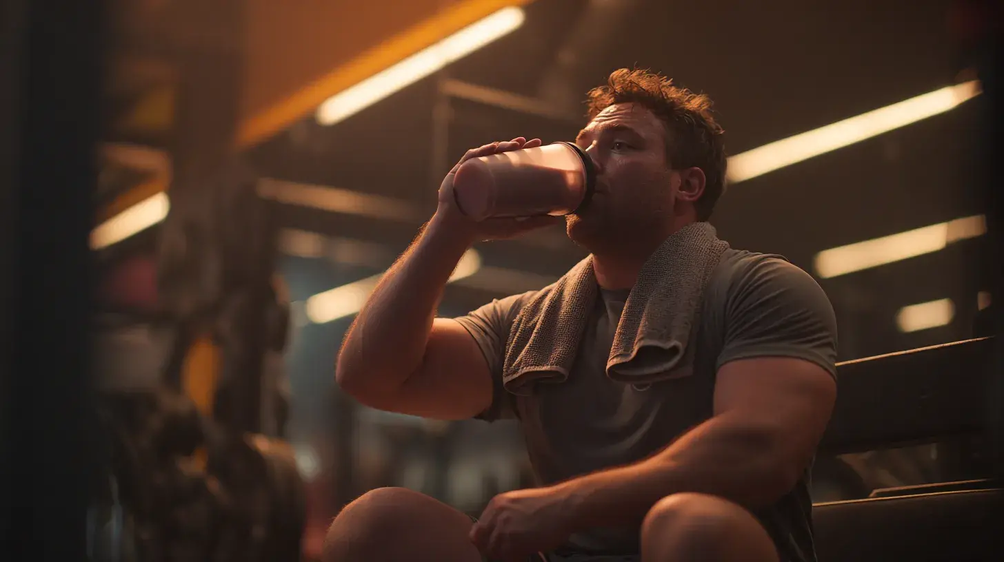 Homme en train de boire de la whey protéine pour montrer comment perdre du poids et prendre du muscle en même temps grâce à la protéine pour sécher