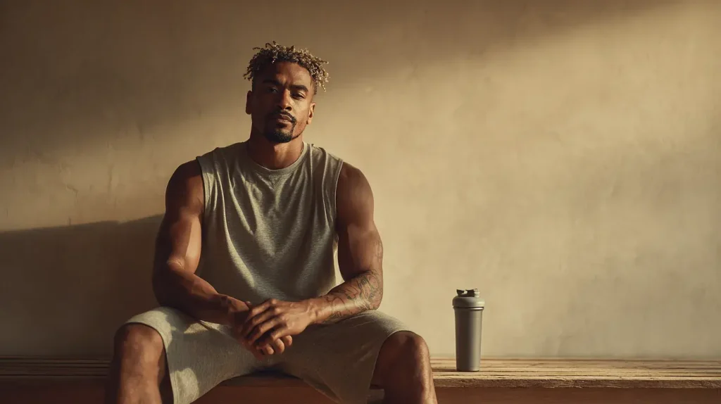 Homme en train de boire un shaker et prendre son tongkat ali