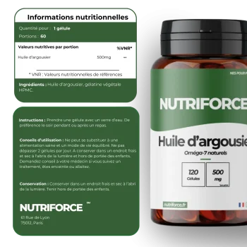 Tableau des informations nutritionnelles détaillé posé à côté d'un flacon de gélules d'argousier.