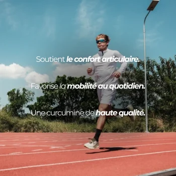 Coureur sur une piste d'athlétisme : la curcumine Nutriforce apporte 360 mg de curcumine par dose de deux gélules d'extrait de Curcuma longa