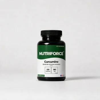 Pot de curcumine Nutriforce : 120 capsules de 500 mg d'extrait de curcuma concentré, dont 180 mg de curcumine par gélule