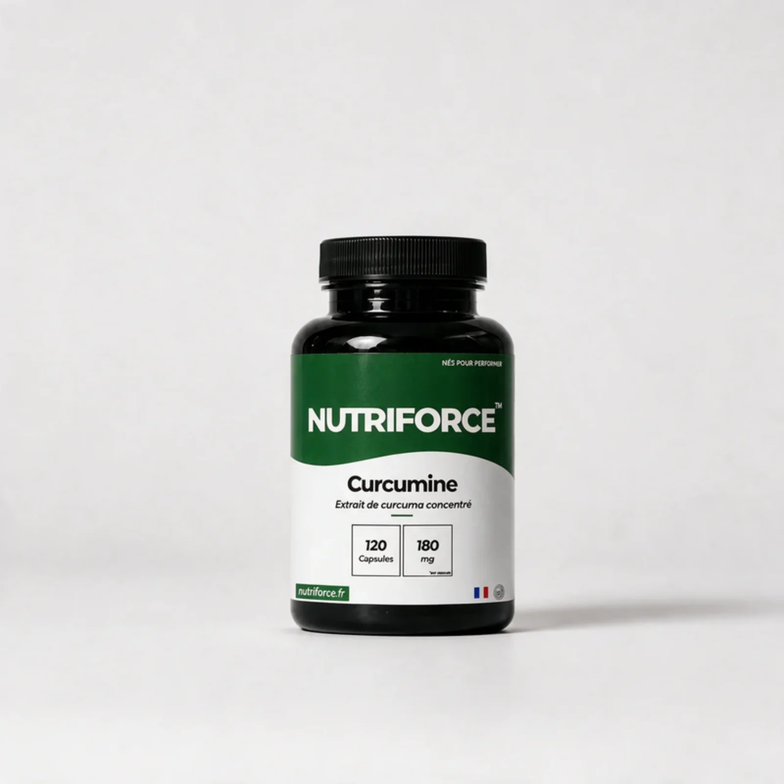 Pot de curcumine Nutriforce : 120 capsules de 500 mg d'extrait de curcuma concentré, dont 180 mg de curcumine par gélule