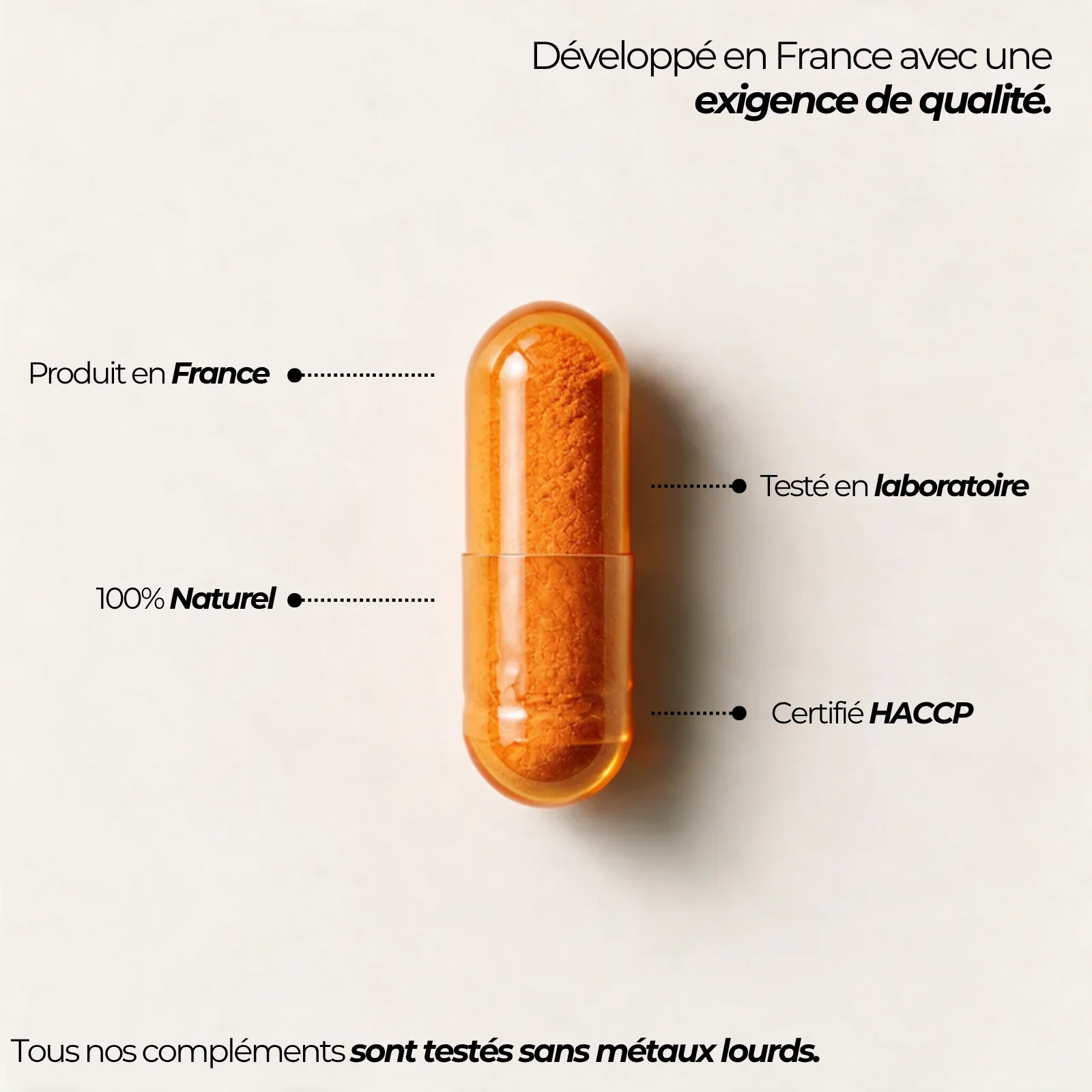 Gélule de curcumine Nutriforce et ses repères qualité : produite en France, testée en laboratoire, certifiée HACCP et contrôlée sans métaux lourds
