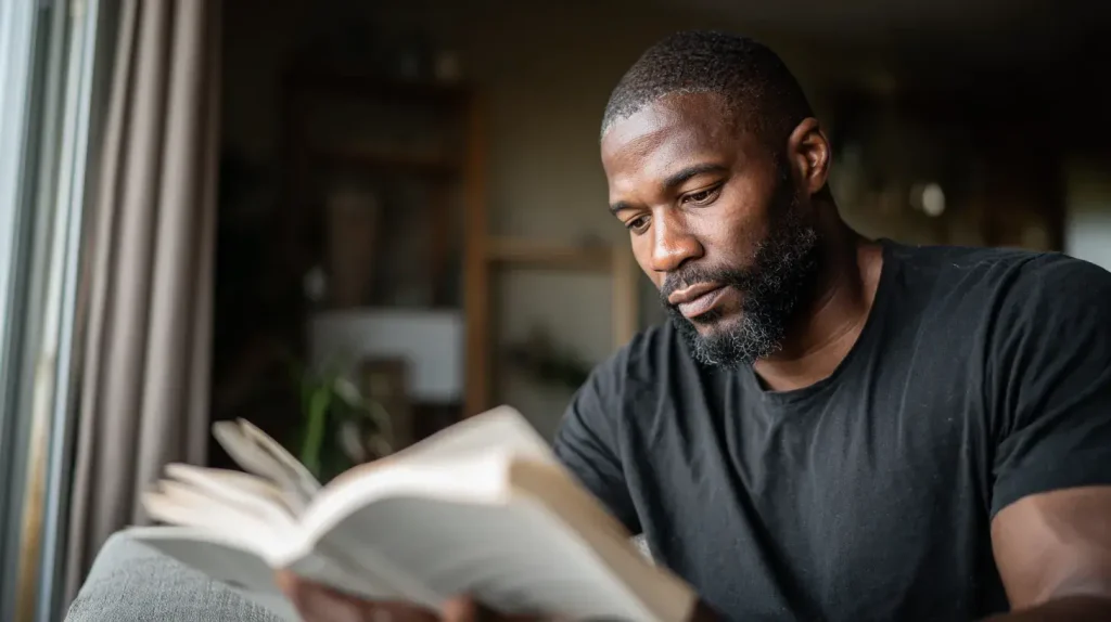 un homme lit un livre et est plus concentré grâce au ginseng