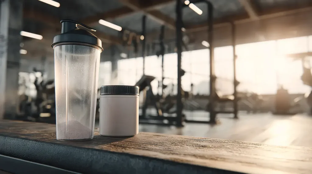 Créatine monohydrate sur un banc de muscu avec un shaker