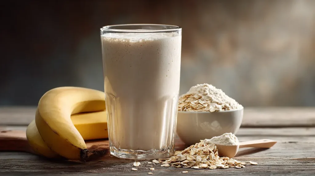 boisson protéinée maison à base de banane, de lait de coco, de graine de chia et de flocon d'avoine