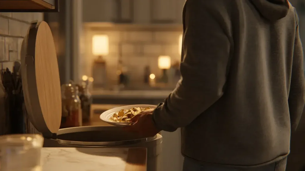 personne qui jette sa nourriture à la poubelle pour perdre du poids