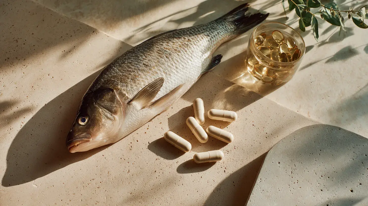 Collagène marin dans une assiette à coté d'un poisson 