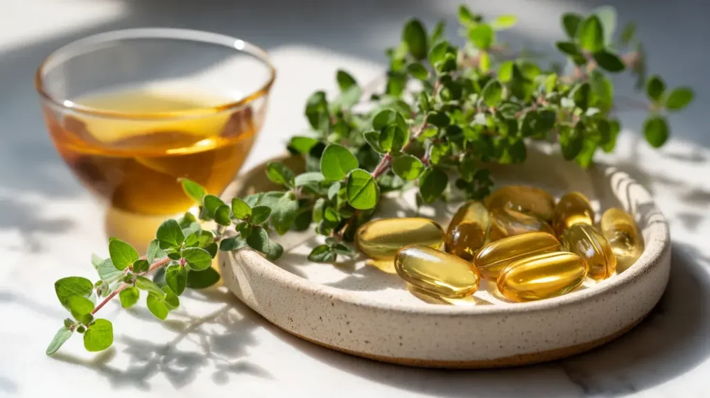 Huile d'origan en capsules et en gouttes avec plante origan 