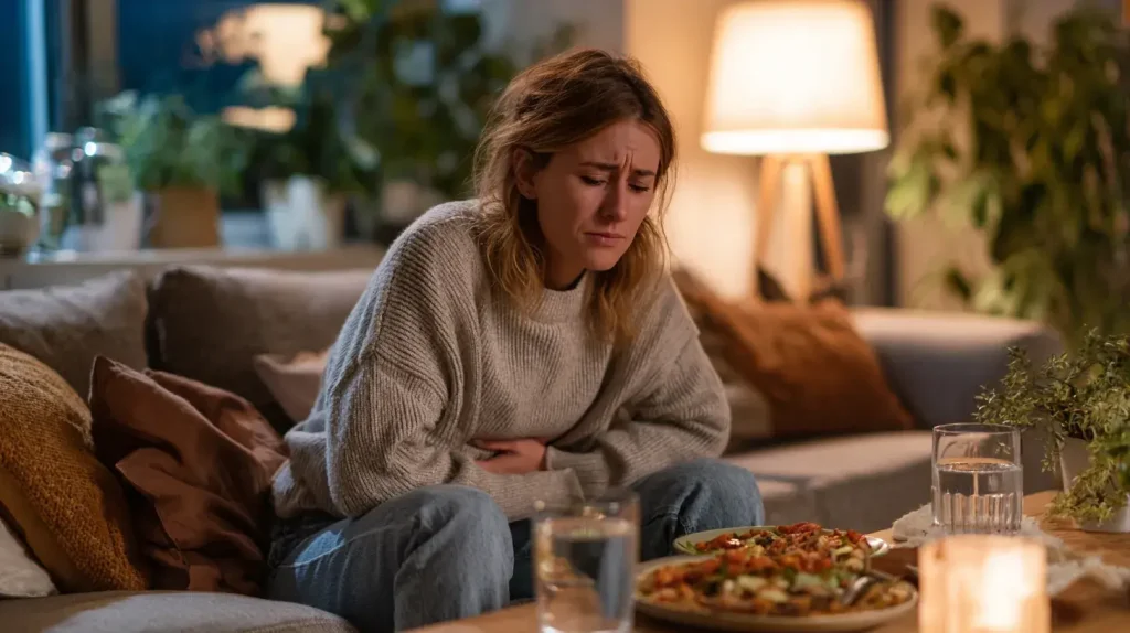 Problème de digestion d'une femme, l'huile d'origan va l'aider