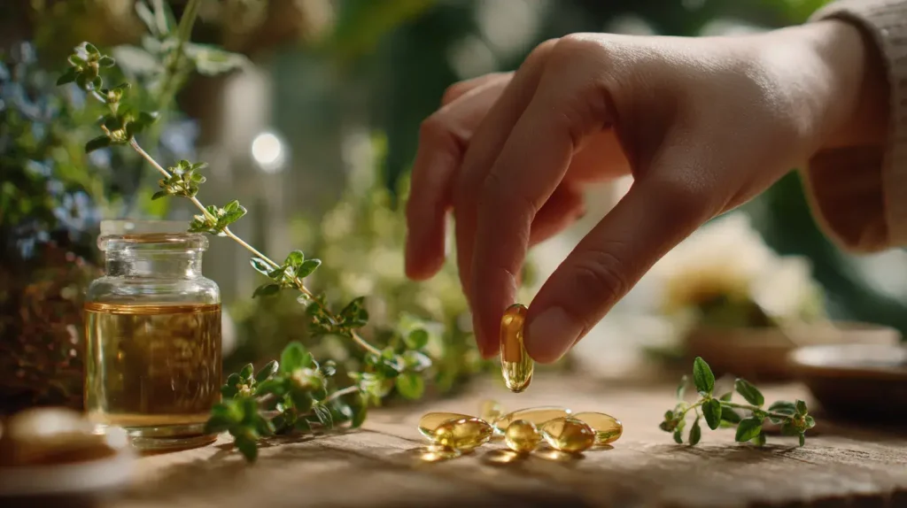 Personne qui consomme de l'huile d'origan, elle a choisi de le prendre en capsules pour faciliter la prise de ce complément alimentaire