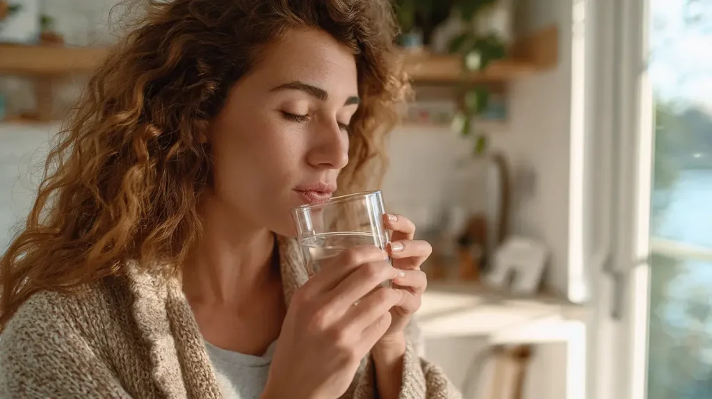 une femme boit un verre d'eau 