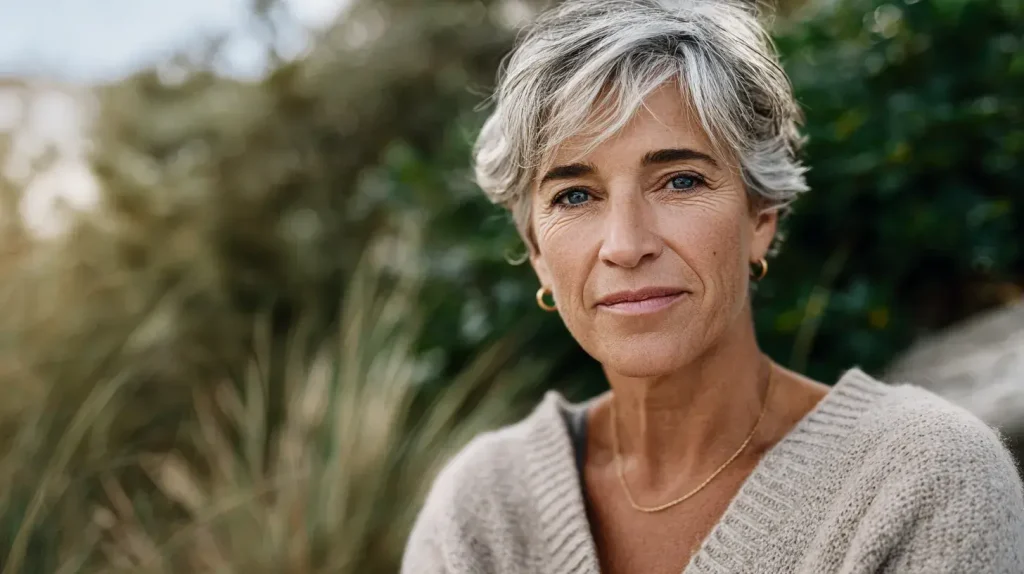 une femme en mode portrait avec des cheveux blancs 
