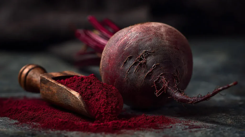 Betterave rouge entière avec poudre rouge naturelle dans un scoop en bois