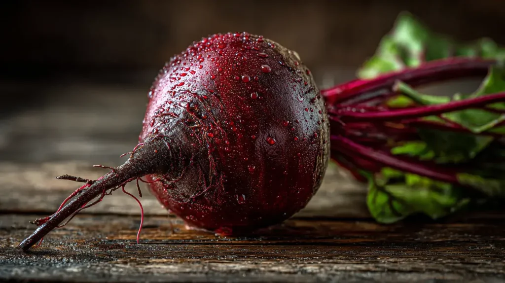 Image détaillée d’une betterave rouge fraîche avec feuilles vertes, couleur intense et texture naturelle, idéale pour illustrer alimentation saine et produits bio.